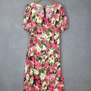 H&M Midi Dress Womens XL Multicolor Floral Square Neck Puff Sleeves Smocked Hems
